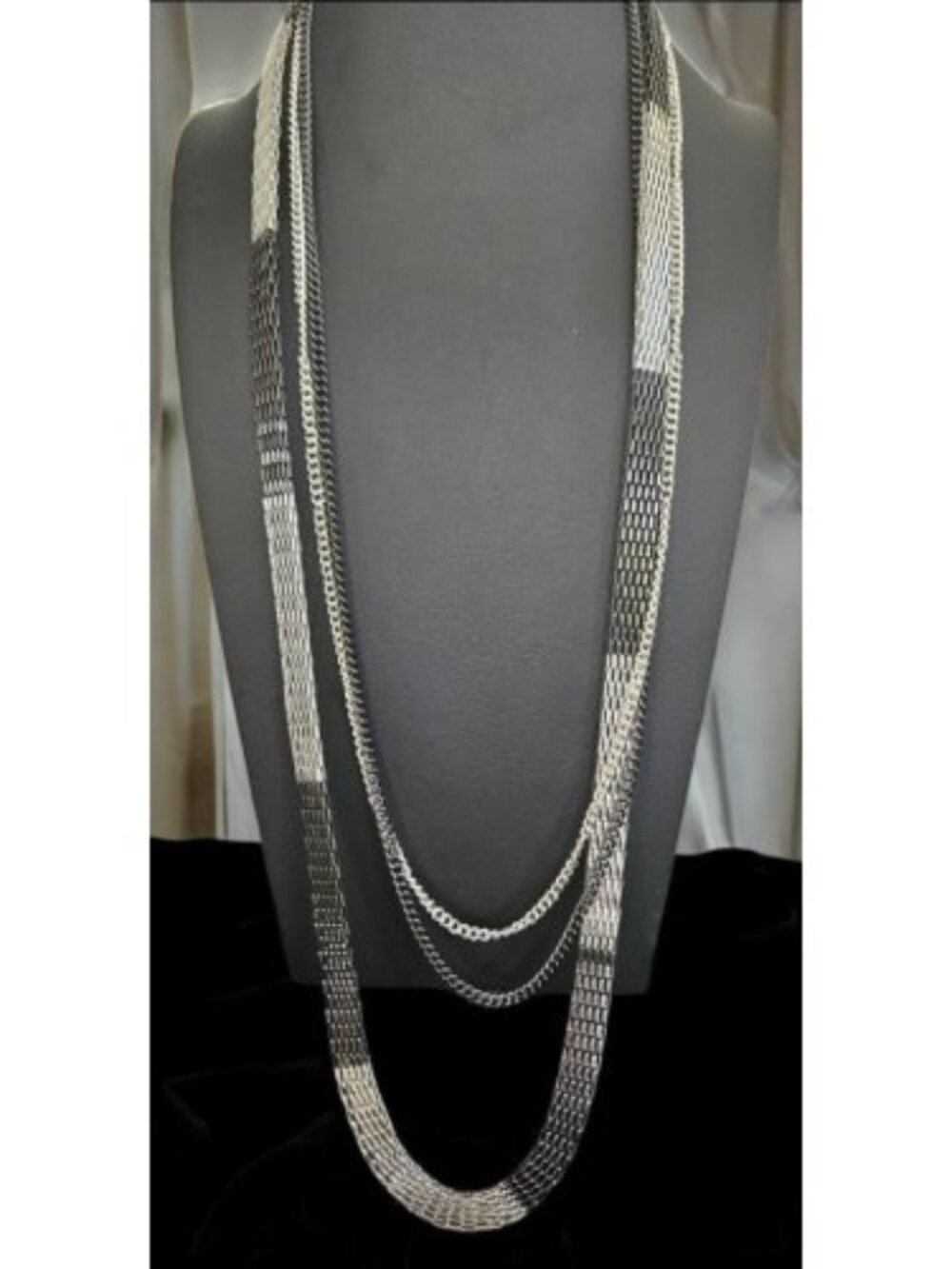 Silvertone and Black Layered Chain and Mesh Necklace
